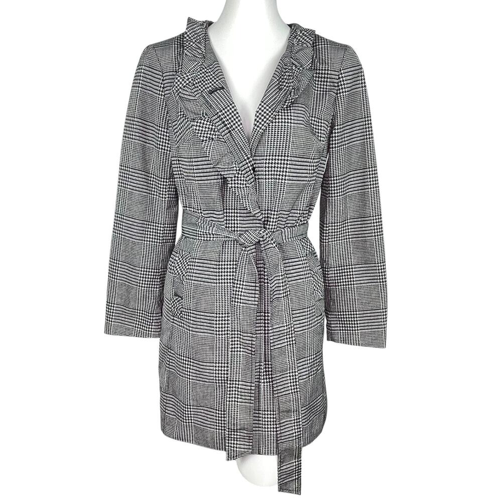 Talbots Houndstooth Belted Trench Coat Rain Jacket Black White Womens Petites 4P